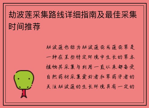 劫波莲采集路线详细指南及最佳采集时间推荐